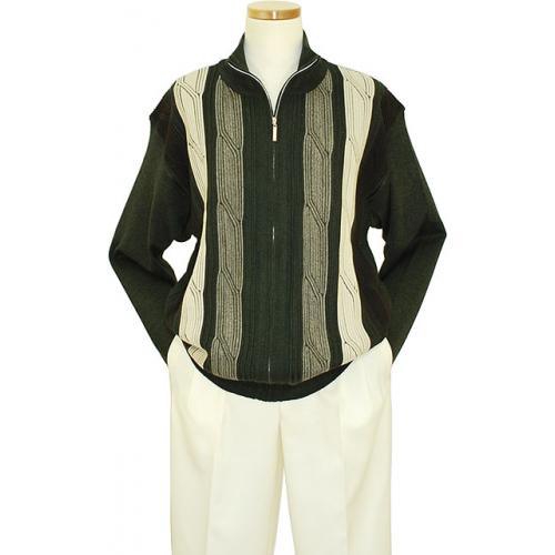 Steve Harvey Forrest Green / Cream Knitted Zip-Up Sweater Jacket 0955